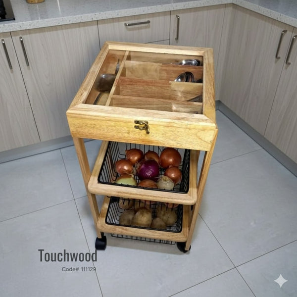 Premium Wooden 2-Tier Kitchen Storage Trolley (With Glass Top Organizer & Wheels)