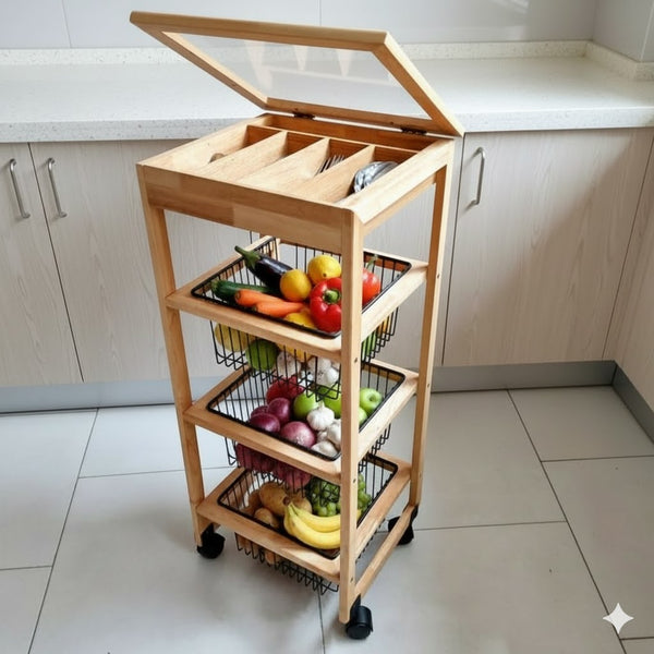 Premium 3-Tier Wooden Kitchen Storage Trolley with Glass-Top Organizer