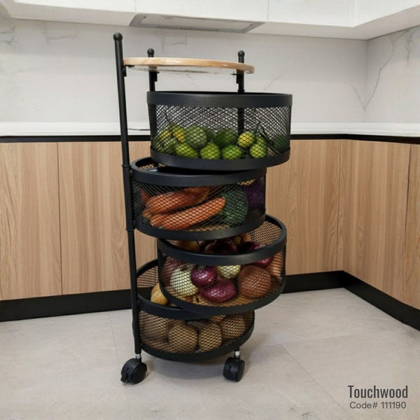 Heavy Metal Multi-Purpose Basket with Wooden Top – 4-Tier