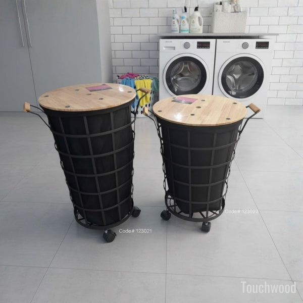 Heavy Metal Laundry Basket with Wooden Top & Wheels