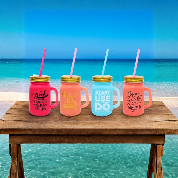 KLEEYO Mason Jar Frosty 450ml – Frosted Glass Sipper with Steel Lid & Straw