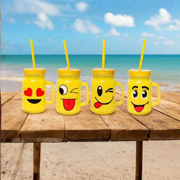 KLEEYO Mason Jar Smiley 450ml – Fun Frosted Glass Sipper with Steel Lid & Straw