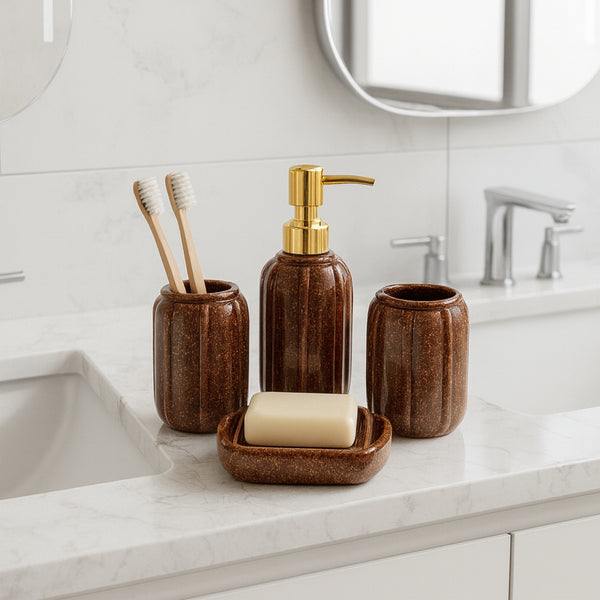 Porcelain Bathroom Accessories Set – 4 Pieces Luxury Brown Gold Edition