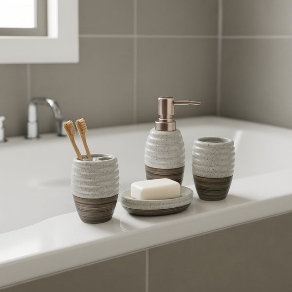 Porcelain Bathroom Accessories Set – 4 Pieces Stone Grey & Woodgrain Edition