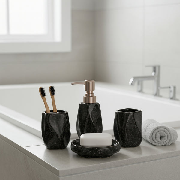 Porcelain Bathroom Accessories  Set – 4 Pieces  Black Marble Luxe