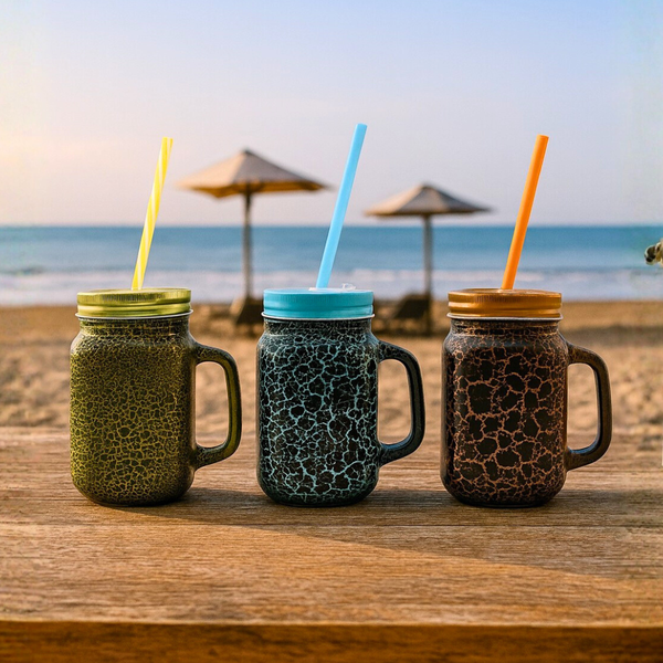 KLEEYO Mason Jar Carving 450ml – Premium Crackle Design with Steel Lid & Straw